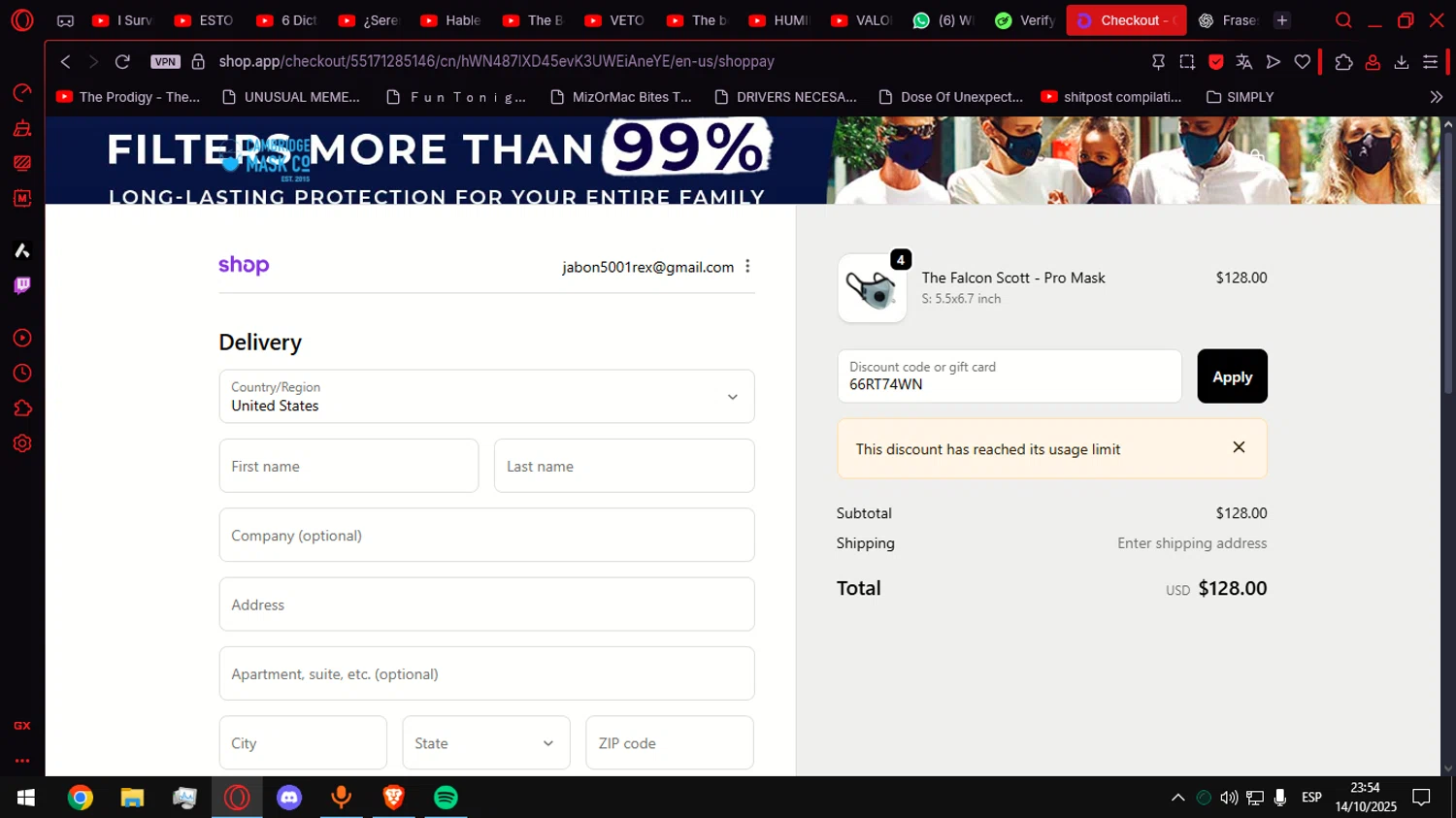 Cambridge Mask promo code screenshot showing code 66RT74WN applied at Cambridge Mask checkout page. Uploaded by SimplyCodes community member Helpme on Oct 15, 2025
