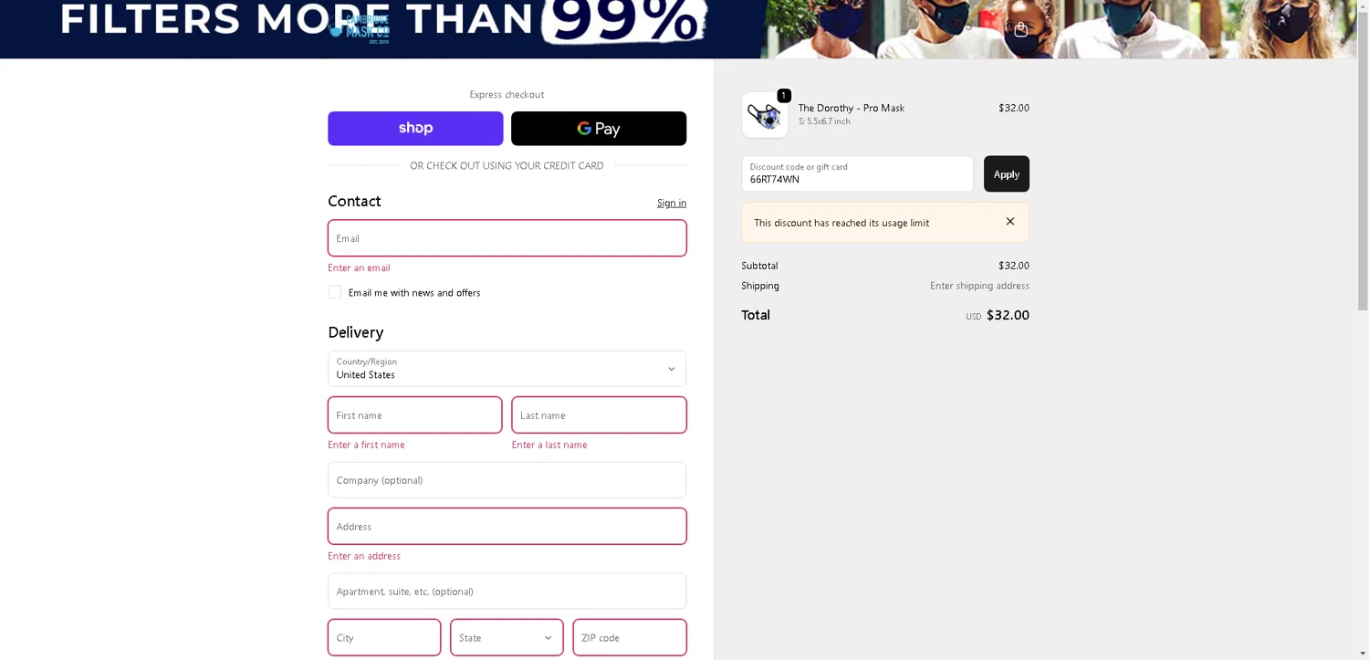Cambridge Mask promo code screenshot showing code 66RT74WN applied at Cambridge Mask checkout page. Uploaded by SimplyCodes community member PromoElite4745 on Oct 15, 2025