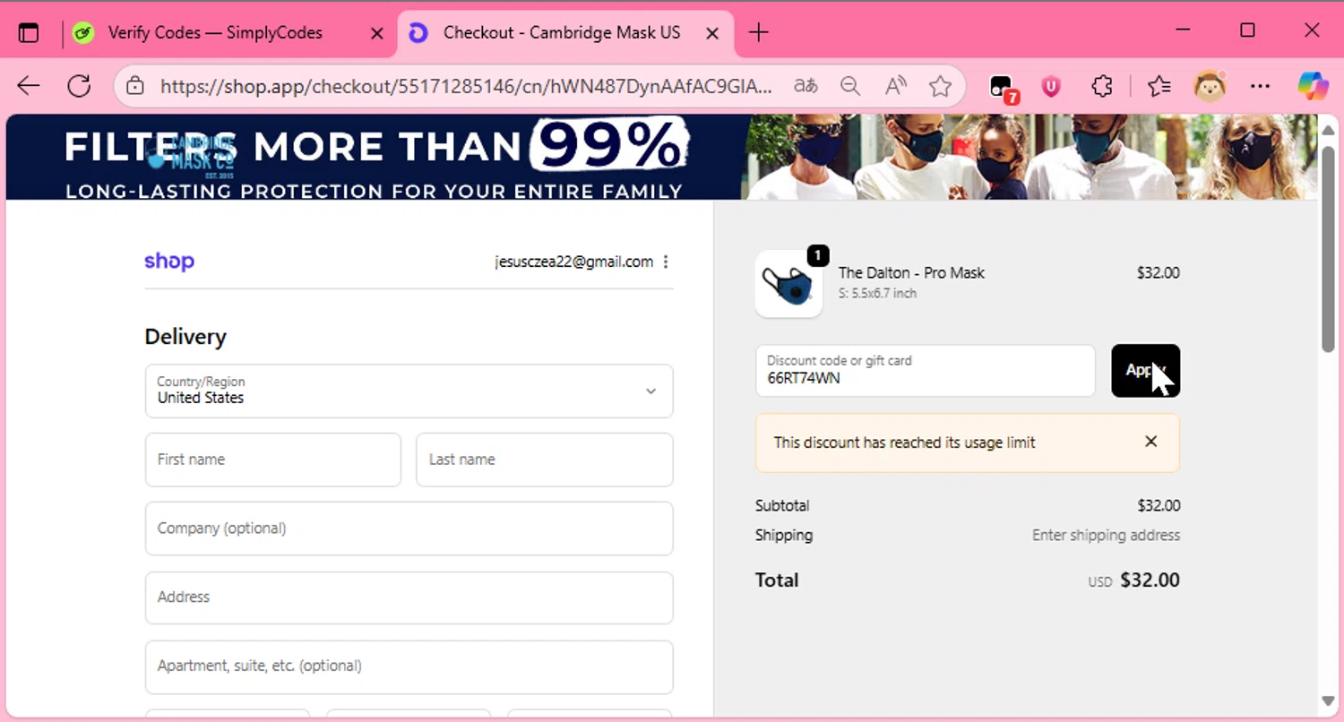 Cambridge Mask promo code screenshot showing code 66RT74WN applied at Cambridge Mask checkout page. Uploaded by SimplyCodes community member murraytopsom on Oct 15, 2025