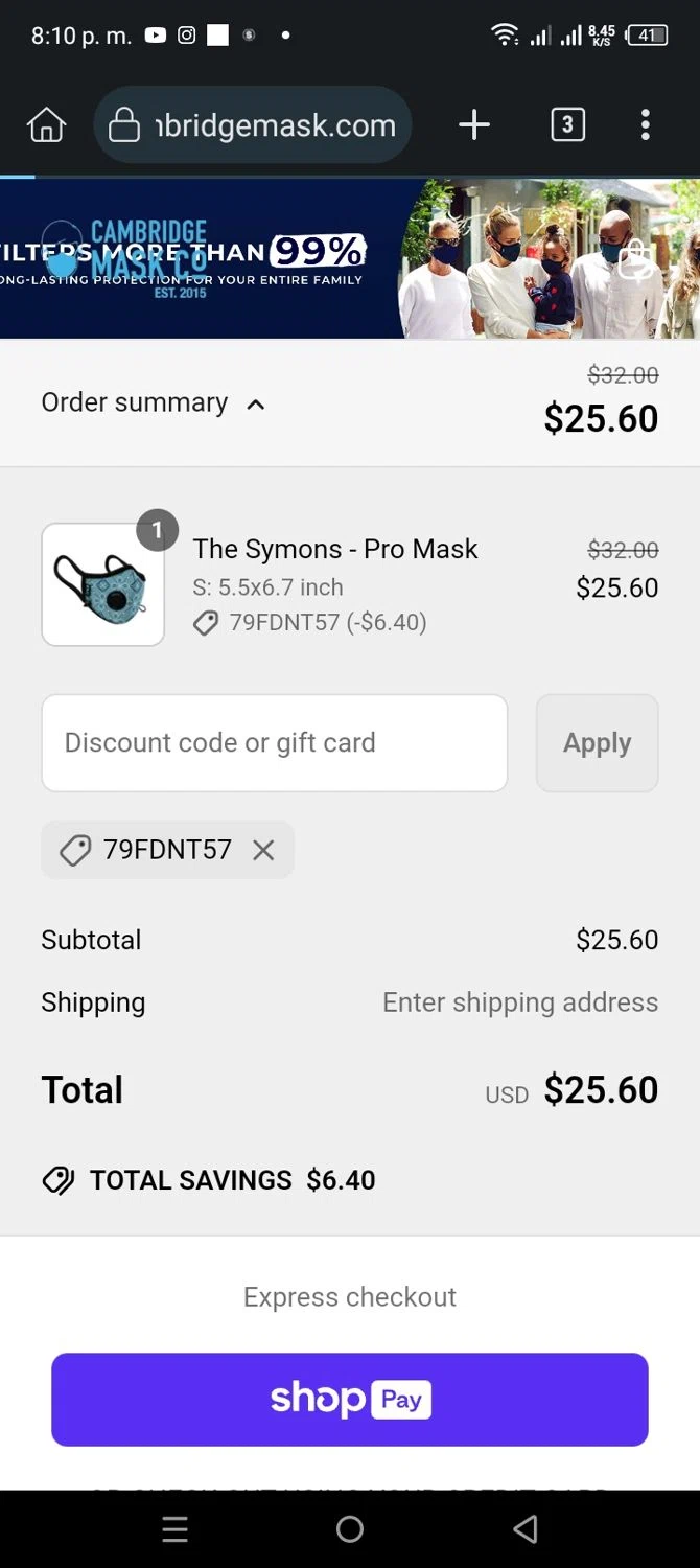 Cambridge Mask promo code screenshot showing code 79FDNT57 applied at Cambridge Mask checkout page. Uploaded by SimplyCodes community member GoldHunter5888 on Jun 6, 2025