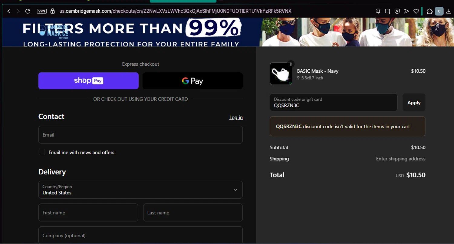 Cambridge Mask promo code screenshot showing code QQSRZN3C applied at Cambridge Mask checkout page. Uploaded by SimplyCodes community member chepipi on Jun 10, 2025