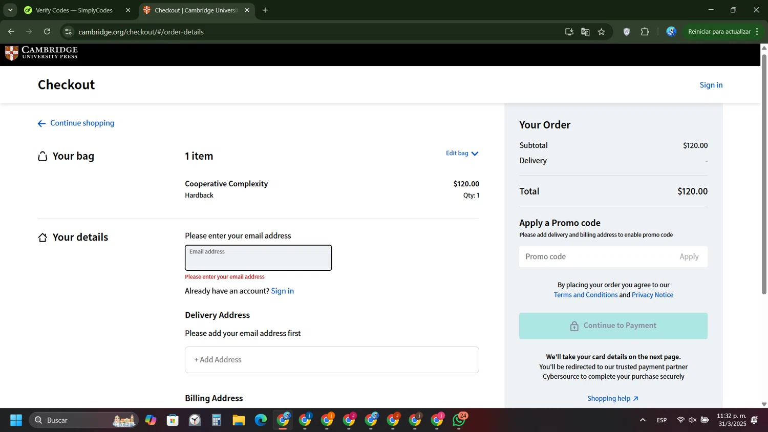 Cambridge University Press promo code screenshot showing code CLARK24 applied at Cambridge University Press checkout page. Uploaded by SimplyCodes community member FernandoLetex on Apr 1, 2025