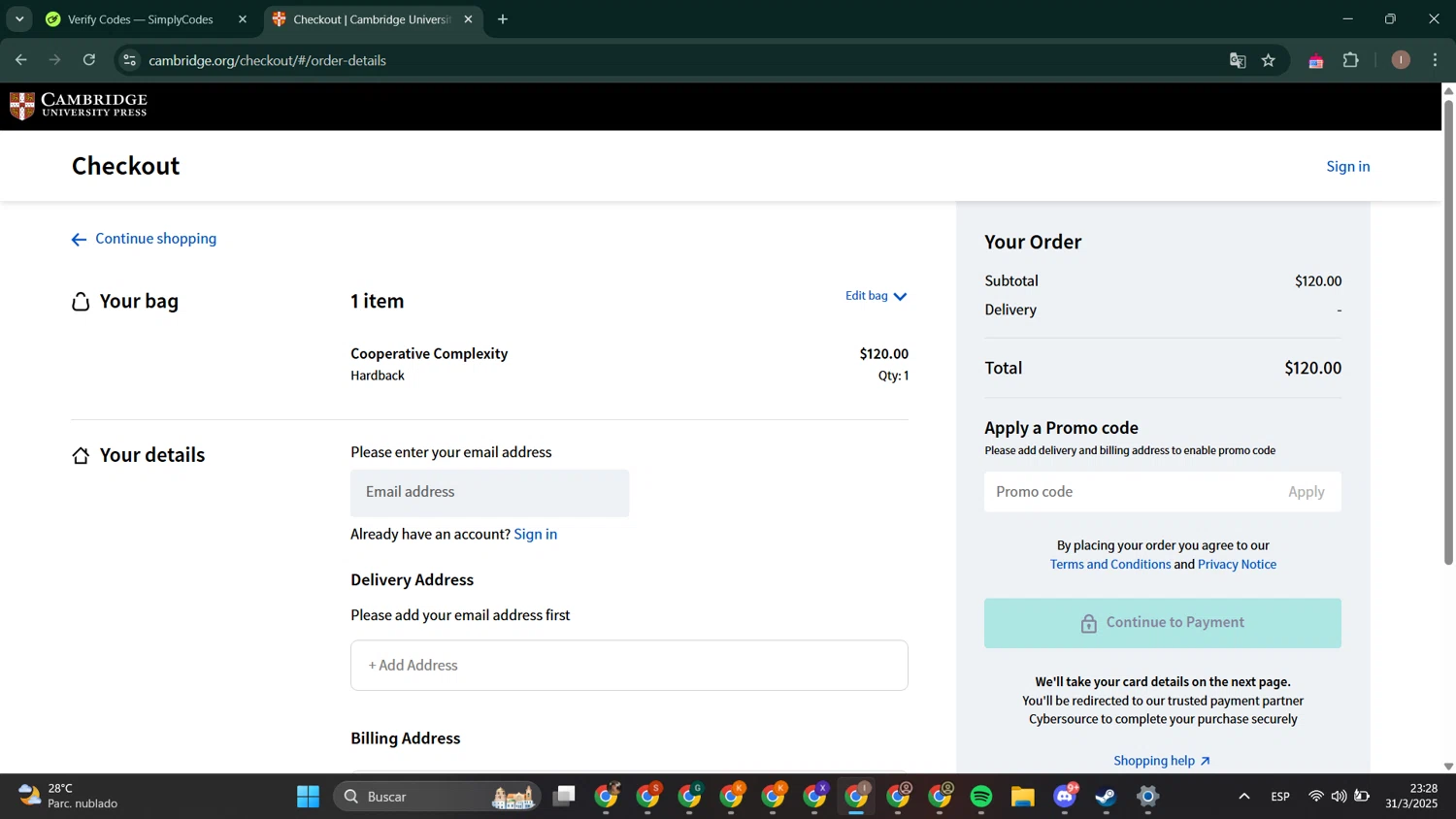 Cambridge University Press promo code screenshot showing code CLARK24 applied at Cambridge University Press checkout page. Uploaded by SimplyCodes community member RoyalPhoenix2730 on Apr 1, 2025
