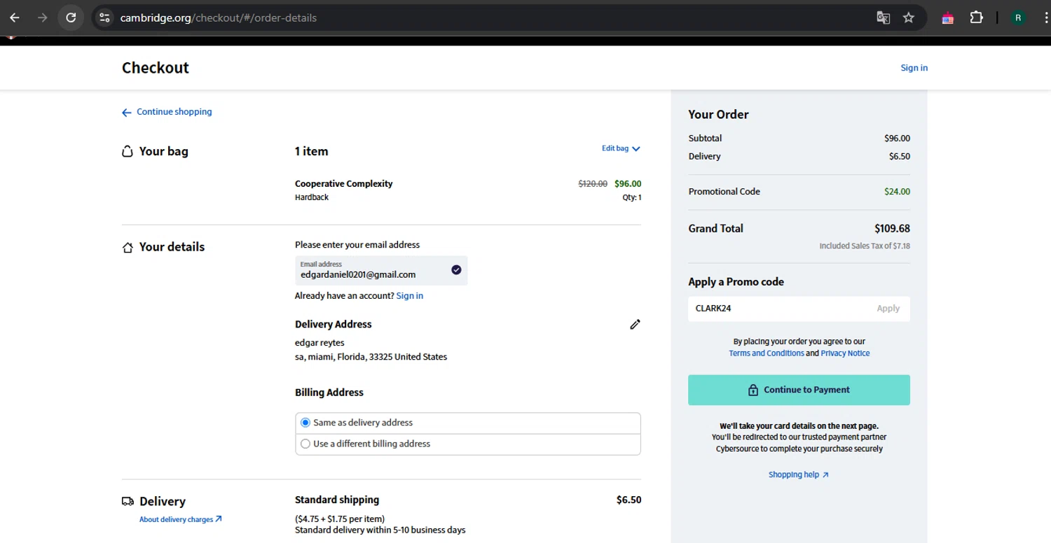 Cambridge University Press promo code screenshot showing code CLARK24 applied at Cambridge University Press checkout page. Uploaded by SimplyCodes community member SavvyHawk5598 on Apr 1, 2025