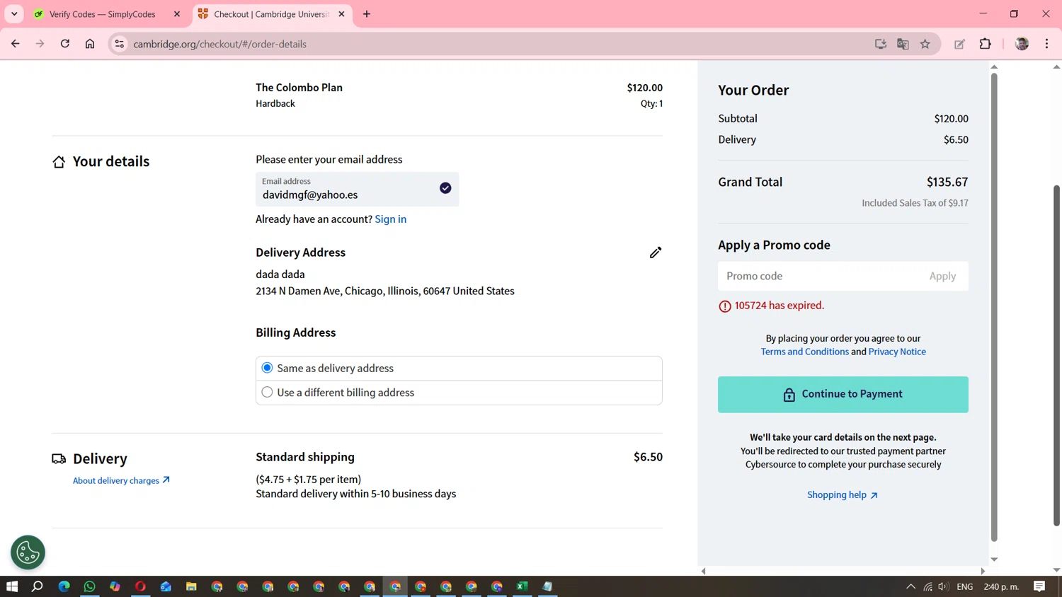 Cambridge University Press promo code screenshot showing code 105724 applied at Cambridge University Press checkout page. Uploaded by SimplyCodes community member DavGutFig on Oct 30, 2025