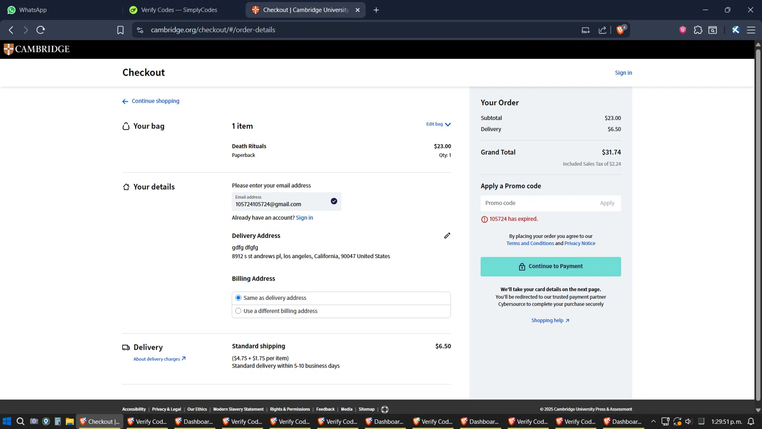 Cambridge University Press promo code screenshot showing code 105724 applied at Cambridge University Press checkout page. Uploaded by SimplyCodes community member SimplyGOAT on Oct 30, 2025