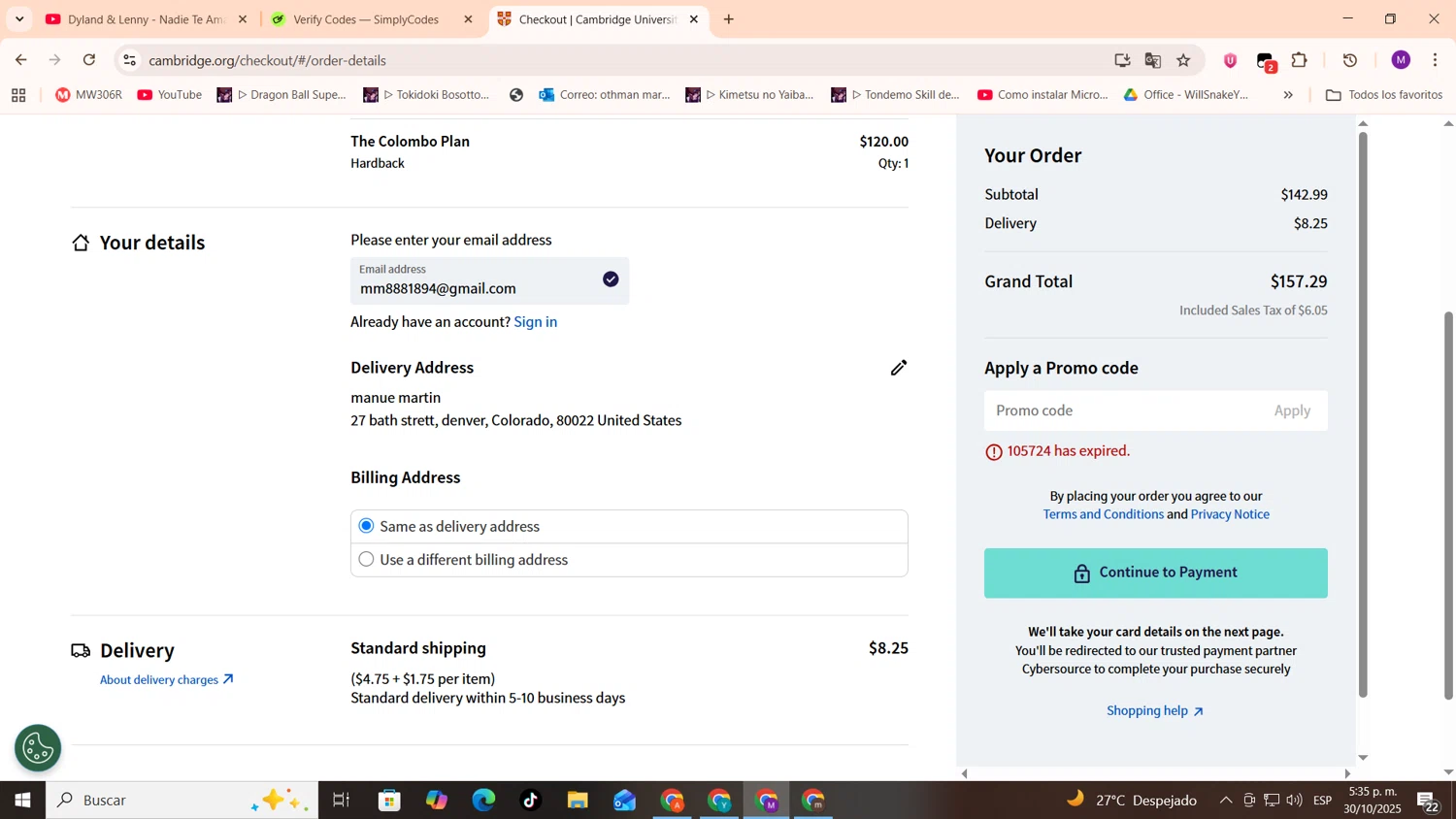 Cambridge University Press promo code screenshot showing code 105724 applied at Cambridge University Press checkout page. Uploaded by SimplyCodes community member cod_gakpo on Oct 30, 2025
