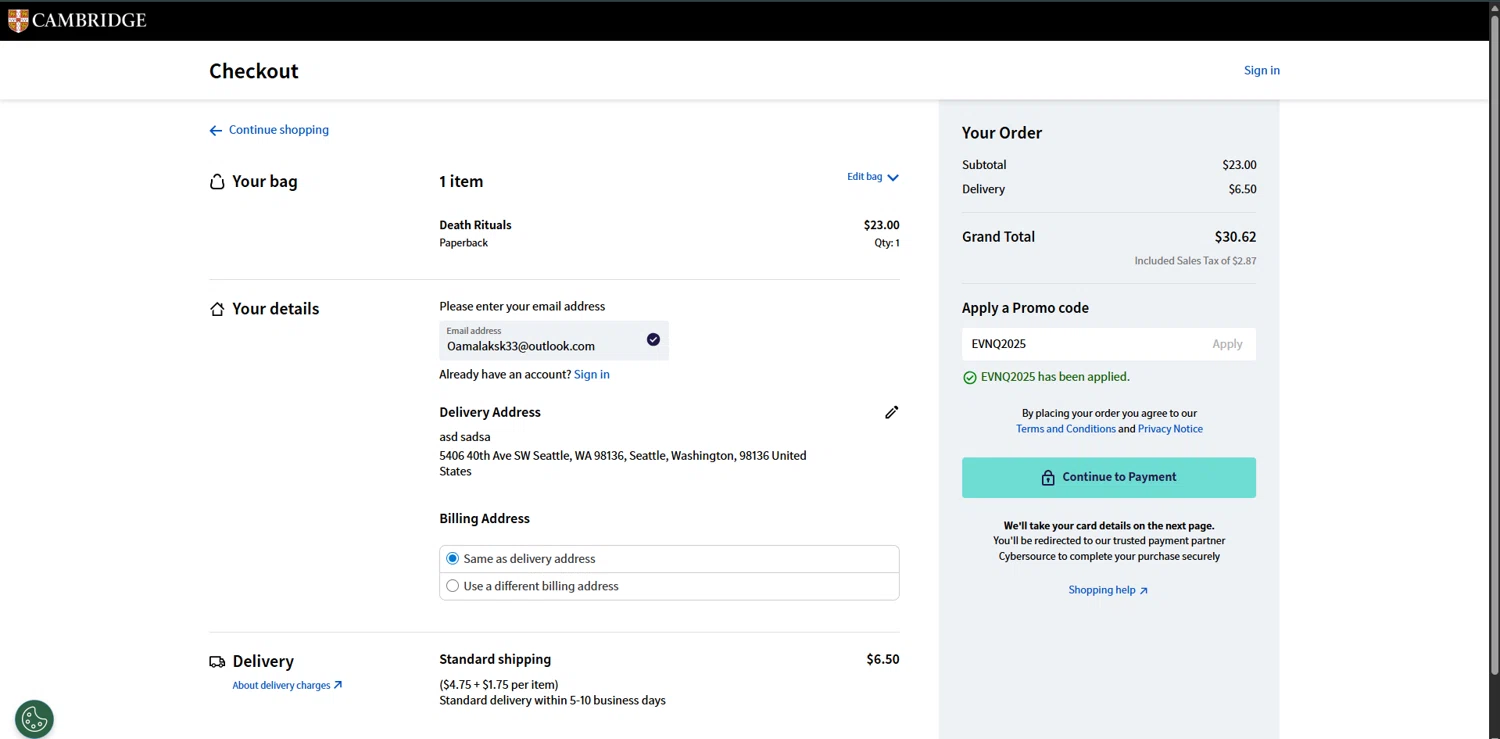 Cambridge University Press promo code screenshot showing code EVNQ2025 applied at Cambridge University Press checkout page. Uploaded by SimplyCodes community member SwiftPhoenix267 on Nov 16, 2025