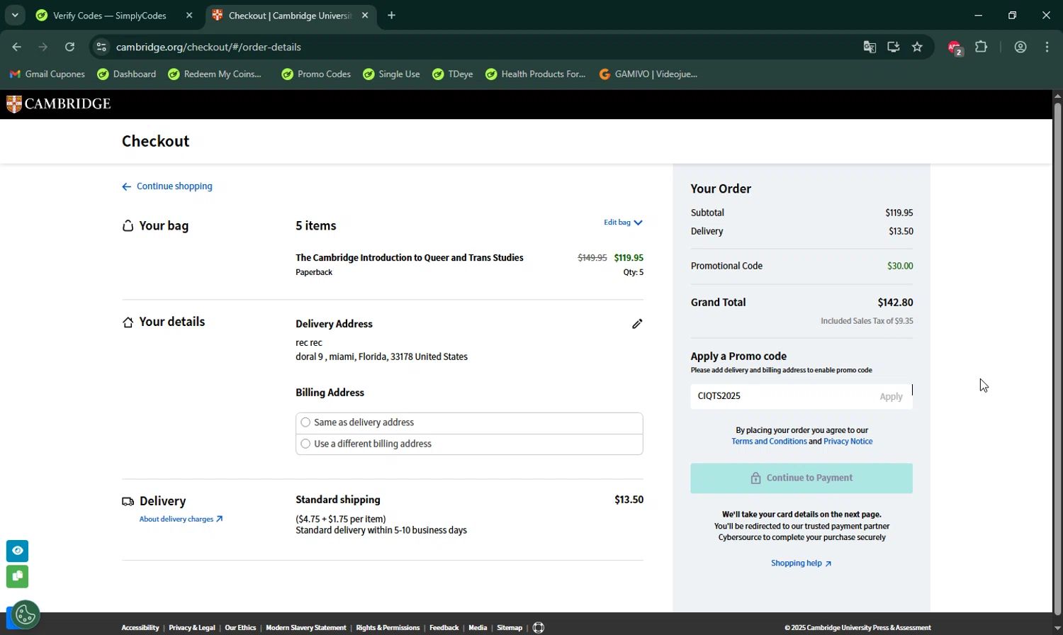 Cambridge University Press promo code screenshot showing code CIQTS2025 applied at Cambridge University Press checkout page. Uploaded by SimplyCodes community member LHaunter on Dec 7, 2025