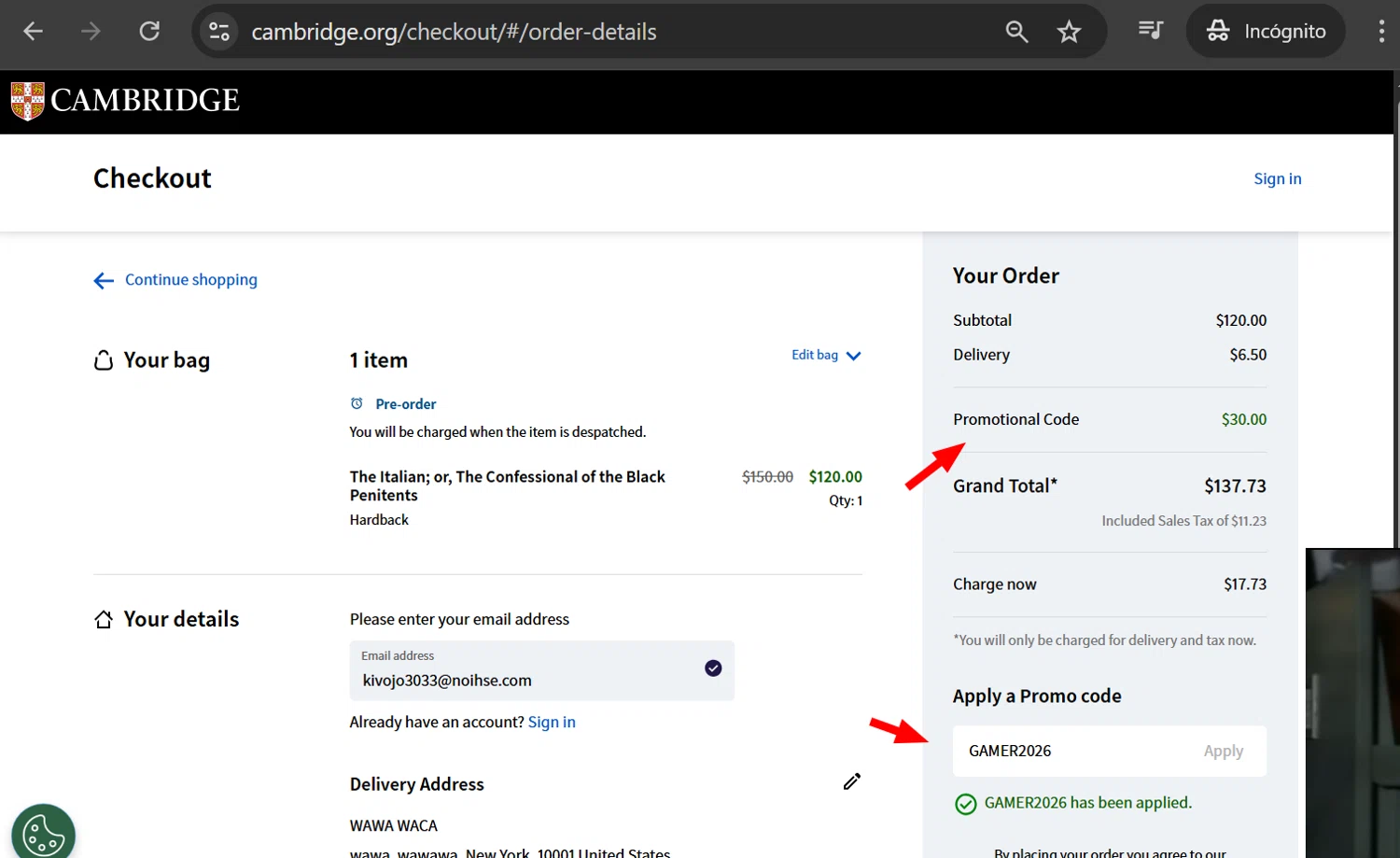 Cambridge University Press promo code screenshot showing code GAMER2026 applied at Cambridge University Press checkout page. Uploaded by SimplyCodes community member anosesmith on Jan 22, 2026