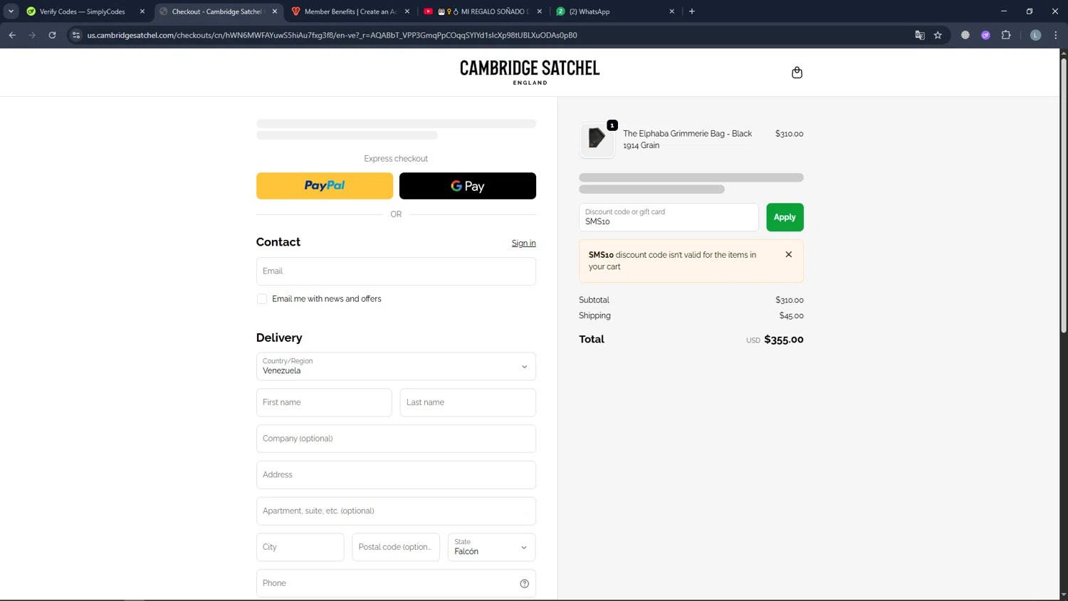 Cambridge Satchel US promo code screenshot showing code SMS10 applied at Cambridge Satchel US checkout page. Uploaded by SimplyCodes community member Lapoke30 on Dec 12, 2025