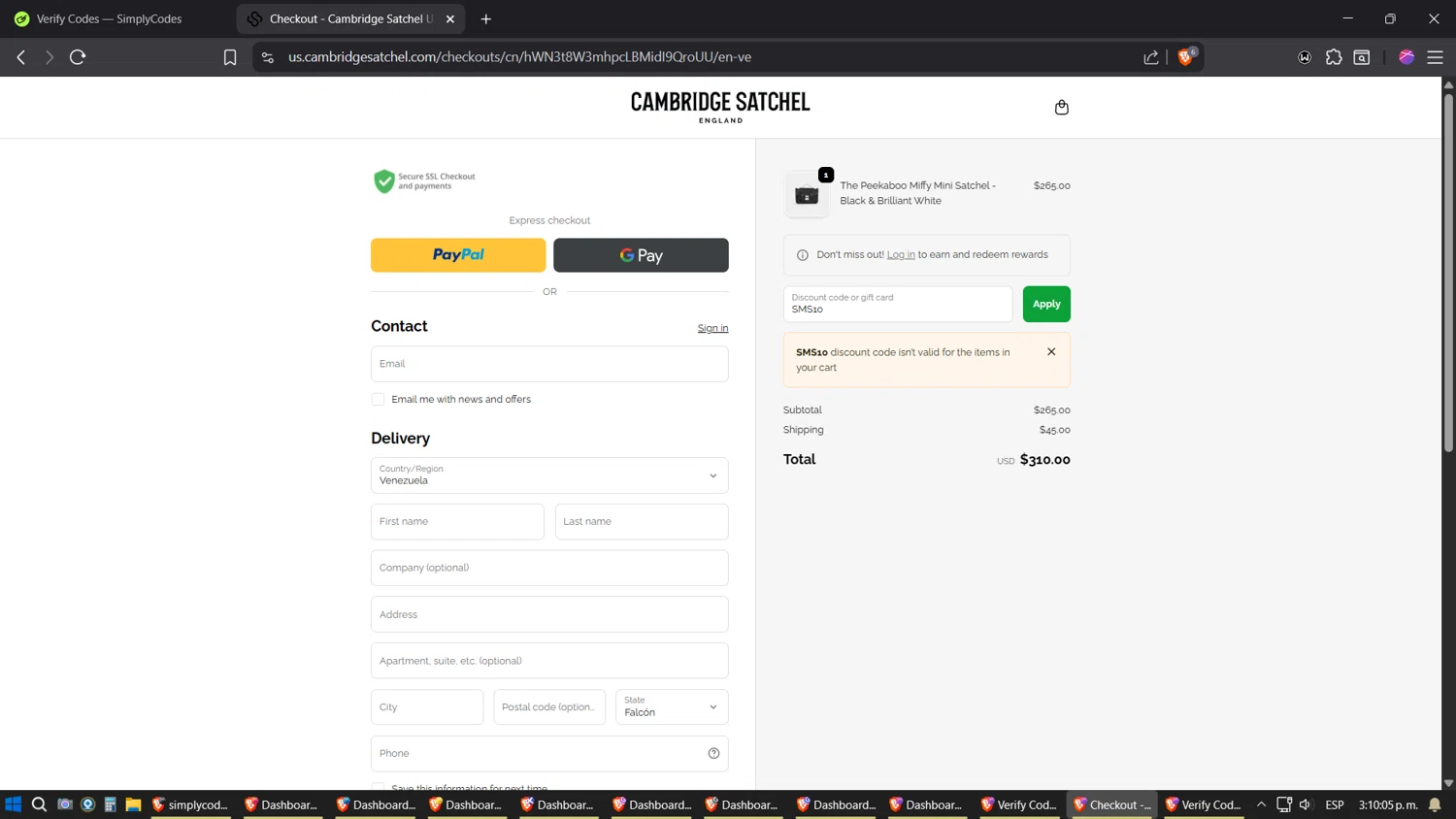 Cambridge Satchel US promo code screenshot showing code SMS10 applied at Cambridge Satchel US checkout page. Uploaded by SimplyCodes community member Sesshomaru on Oct 8, 2025