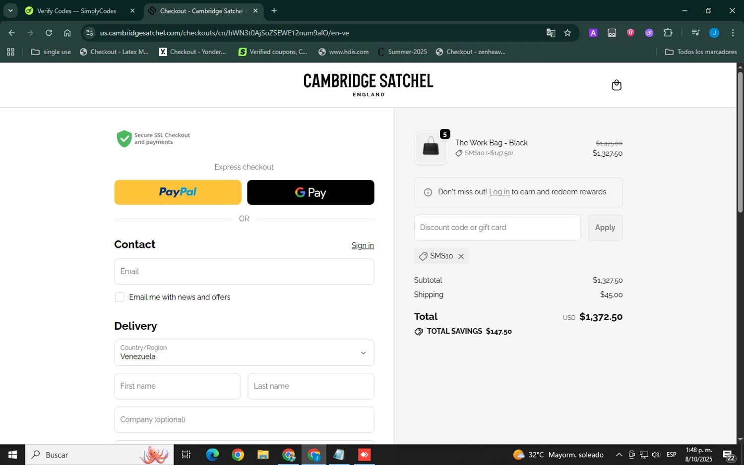 Cambridge Satchel US promo code screenshot showing code SMS10 applied at Cambridge Satchel US checkout page. Uploaded by SimplyCodes community member ELVERGALARGA on Oct 8, 2025
