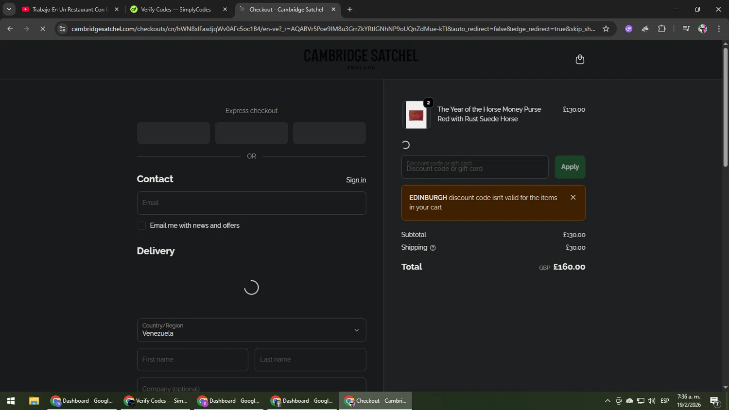 Cambridge Satchel US checkout page showing Cambridge Satchel US promo code box | Screenshot taken by SimplyCodes community member on Feb 19, 2026