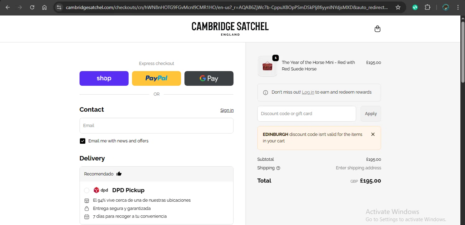 Cambridge Satchel US checkout page showing Cambridge Satchel US promo code box | Screenshot taken by SimplyCodes community member on Feb 15, 2026