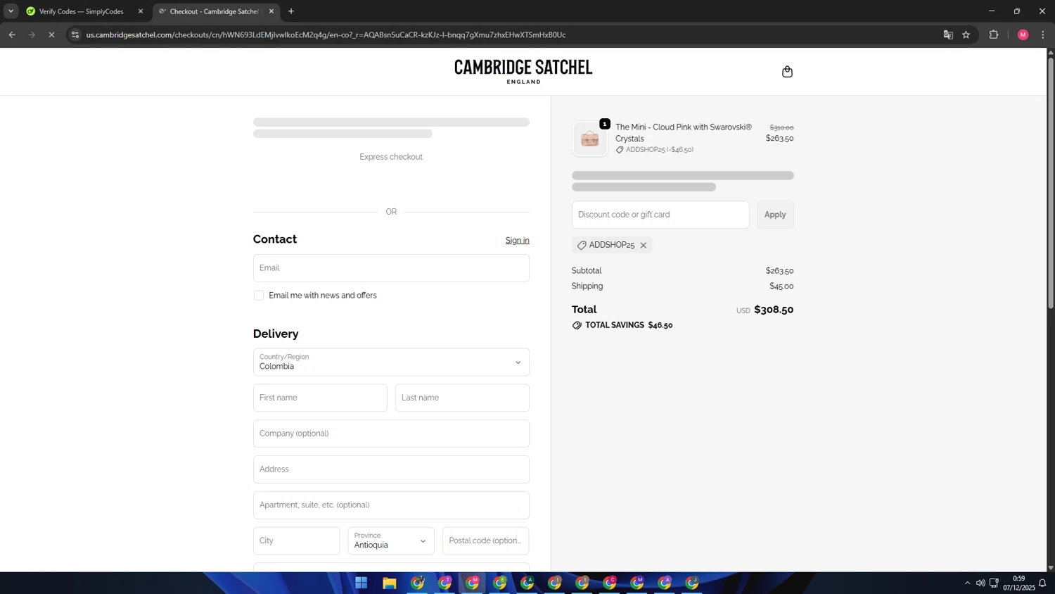 Cambridge Satchel US promo code screenshot showing code ADDSHOP25 applied at Cambridge Satchel US checkout page. Uploaded by SimplyCodes community member CBR600 on Dec 7, 2025
