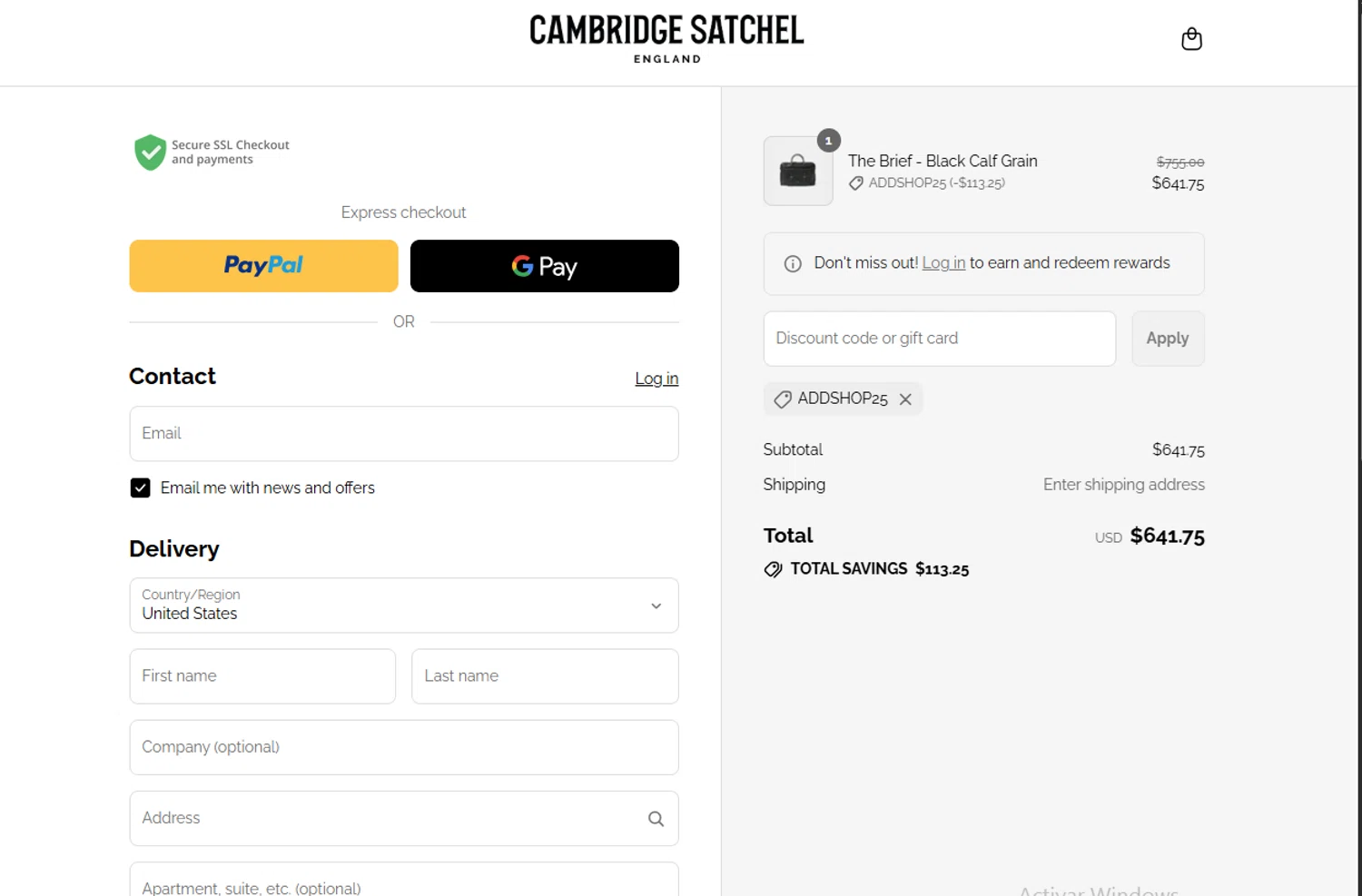Cambridge Satchel US promo code screenshot showing code ADDSHOP25 applied at Cambridge Satchel US checkout page. Uploaded by SimplyCodes community member SavvyLegend1586 on Aug 28, 2025