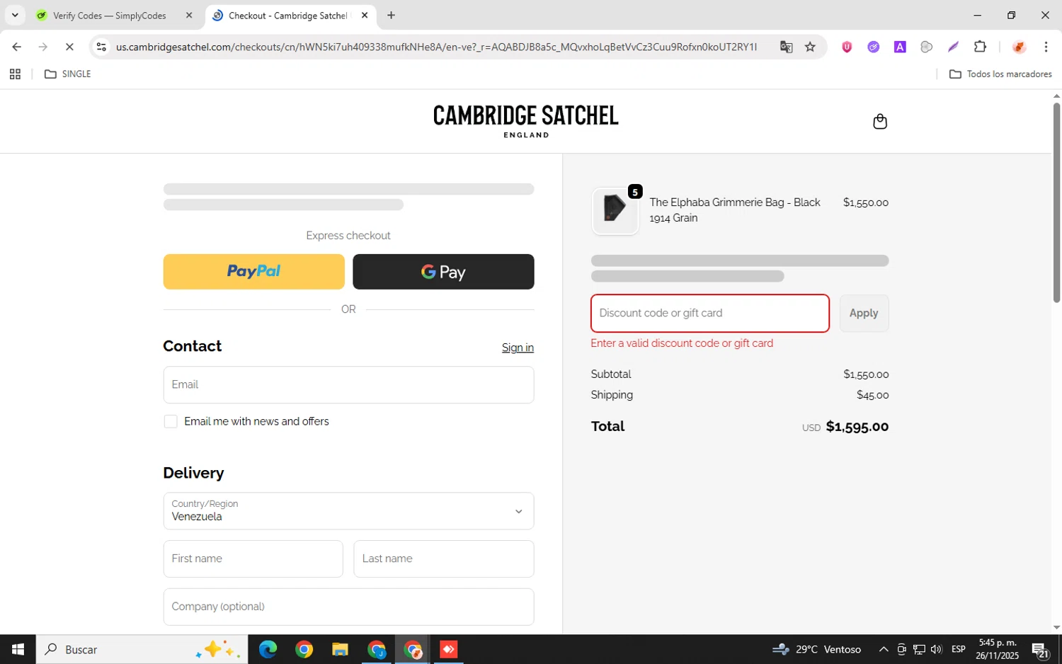 Cambridge Satchel US promo code screenshot showing code DM15W30 applied at Cambridge Satchel US checkout page. Uploaded by SimplyCodes community member donaldJtrump on Nov 26, 2025