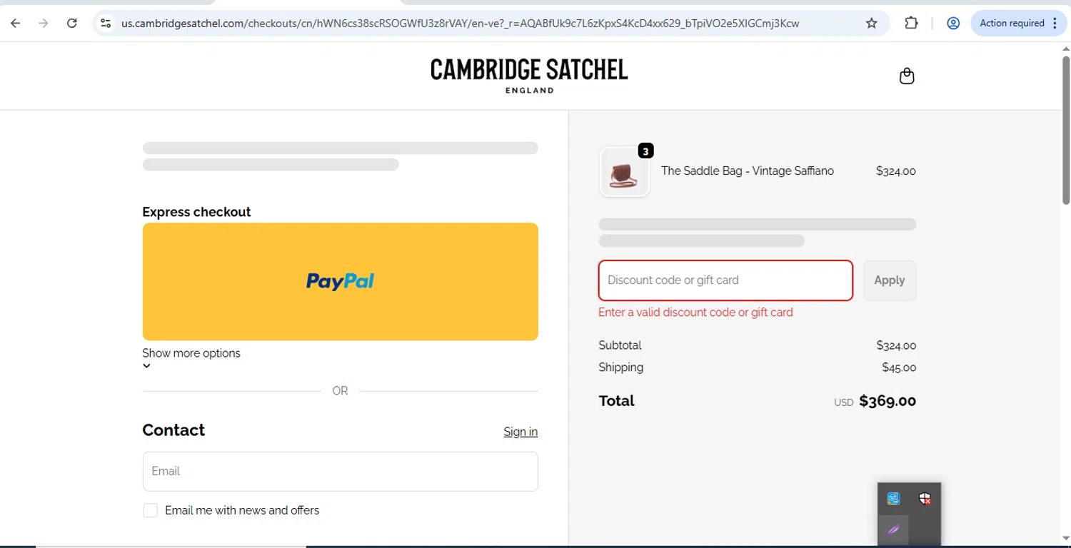 Cambridge Satchel US promo code screenshot showing code DMEMBOSS applied at Cambridge Satchel US checkout page. Uploaded by SimplyCodes community member Mr_fran on Dec 19, 2025