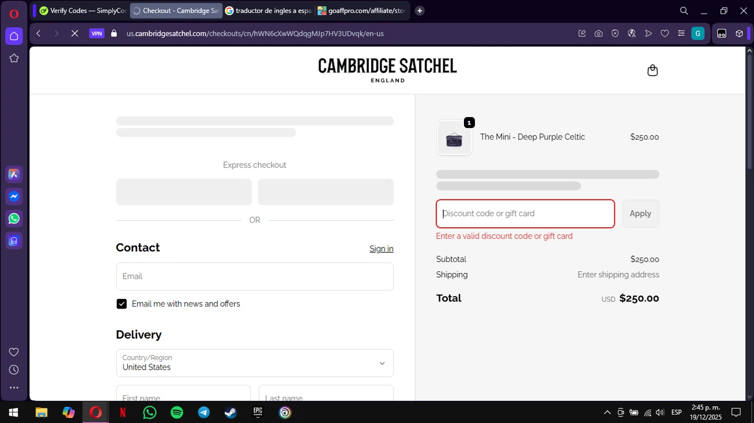 Cambridge Satchel US promo code screenshot showing code DMEMBOSS applied at Cambridge Satchel US checkout page. Uploaded by SimplyCodes community member ValiantWarden3907 on Dec 19, 2025