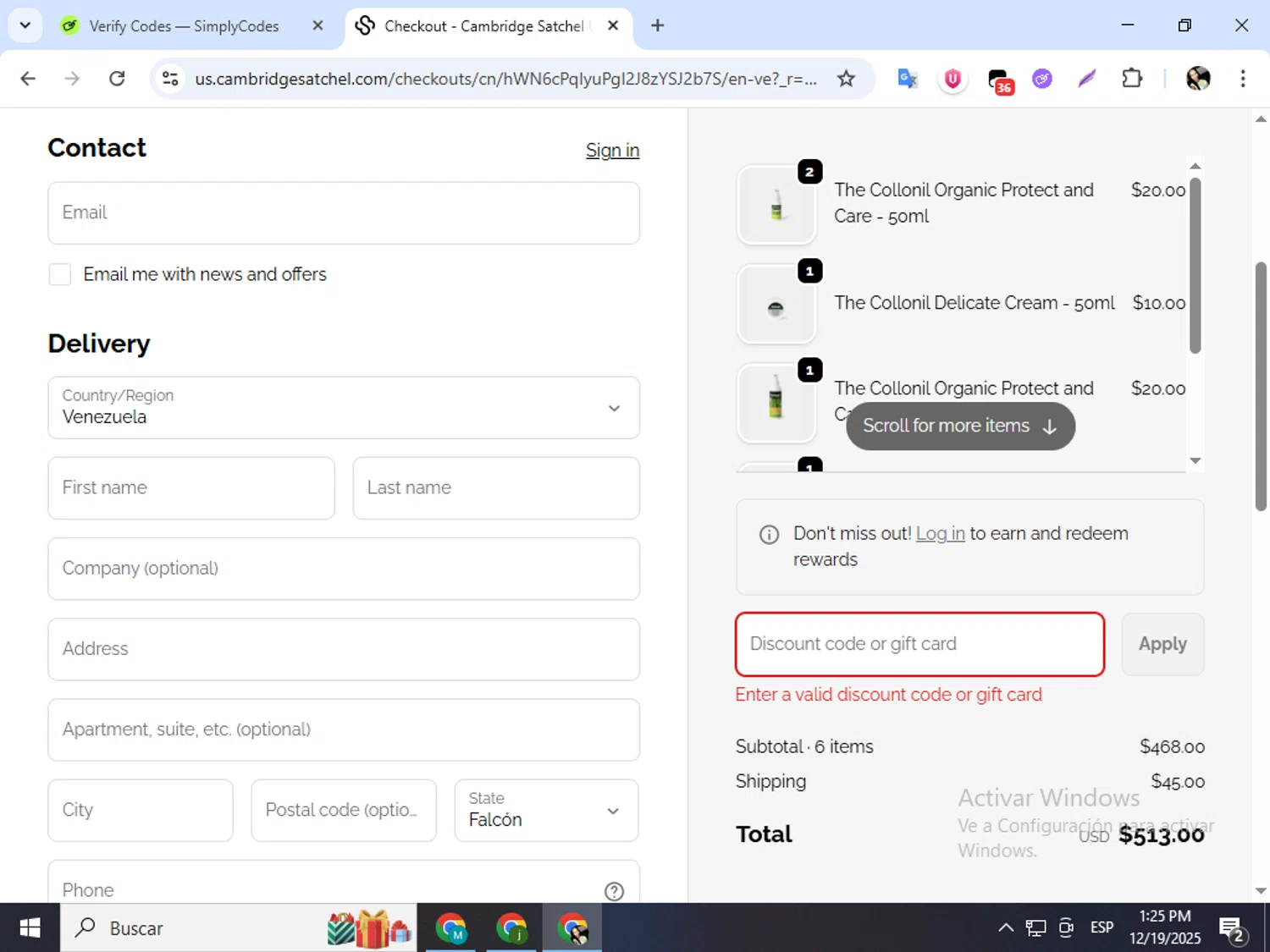 Cambridge Satchel US promo code screenshot showing code DMEMBOSS applied at Cambridge Satchel US checkout page. Uploaded by SimplyCodes community member mariapolancog on Dec 19, 2025