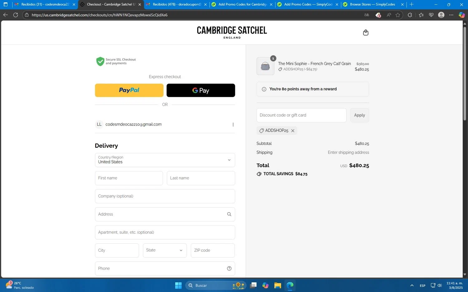 Cambridge Satchel US promo code screenshot showing code ADDSHOP25 applied at Cambridge Satchel US checkout page. Uploaded by SimplyCodes community member Mdeoca on Aug 3, 2025