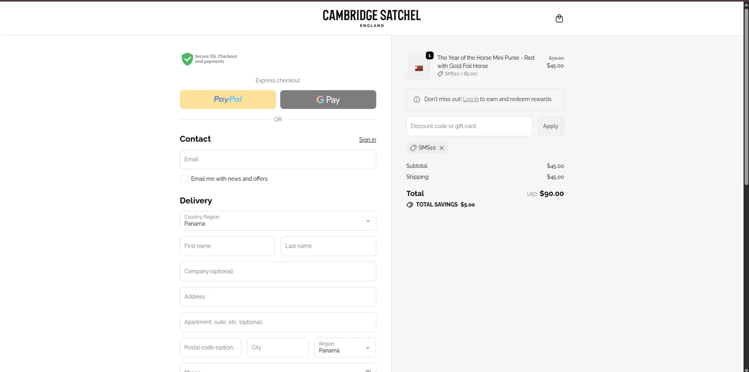Cambridge Satchel UK checkout page showing Cambridge Satchel UK promo code box | Screenshot taken by SimplyCodes community member on Feb 18, 2026