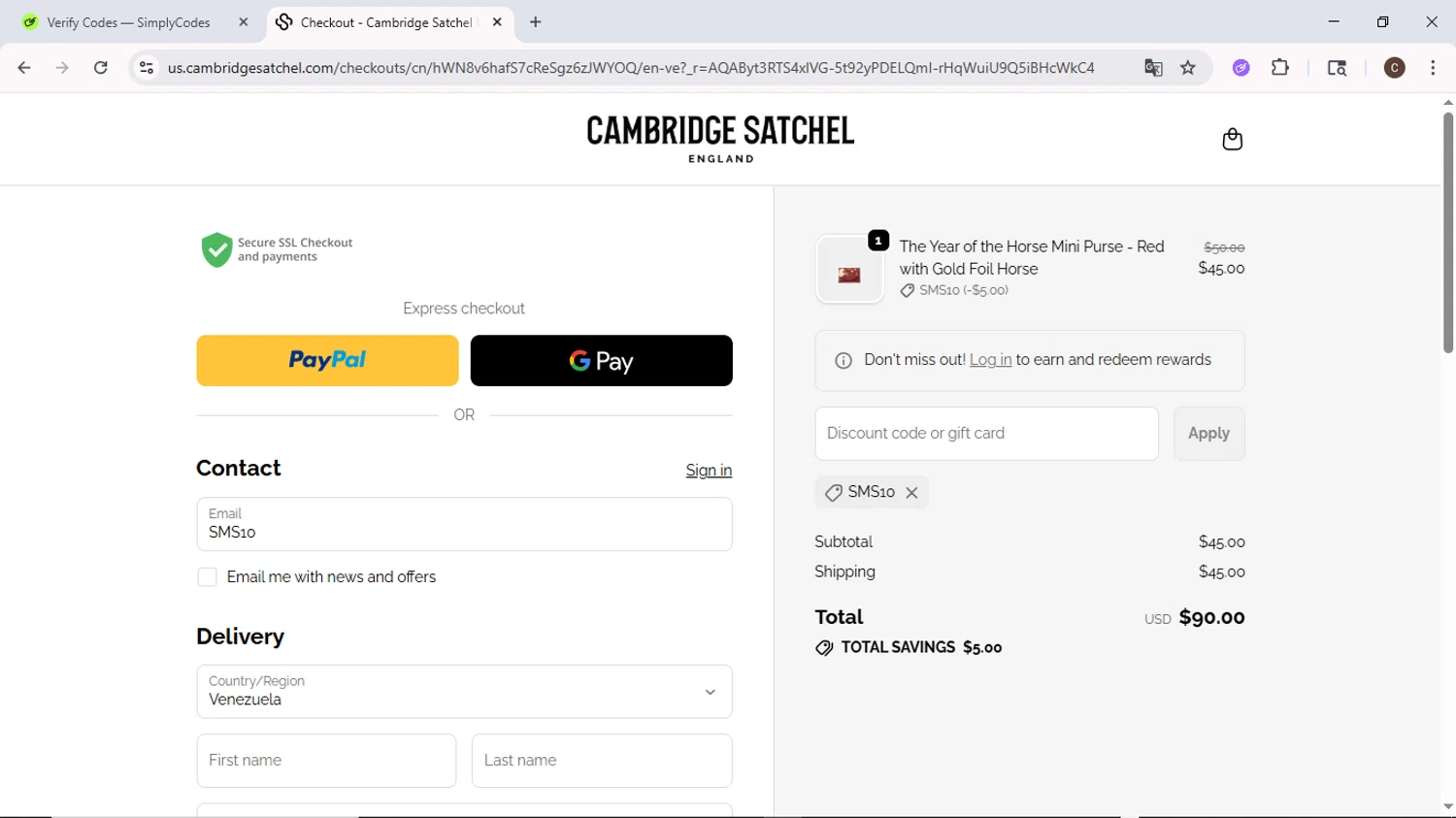 Cambridge Satchel UK checkout page showing Cambridge Satchel UK promo code box | Screenshot taken by SimplyCodes community member on Feb 18, 2026