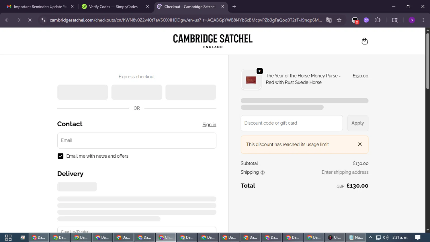 Cambridge Satchel UK promo code screenshot showing code SMS10 applied at Cambridge Satchel UK checkout page. Uploaded by SimplyCodes community member ShieldWarden7838 on Feb 18, 2026