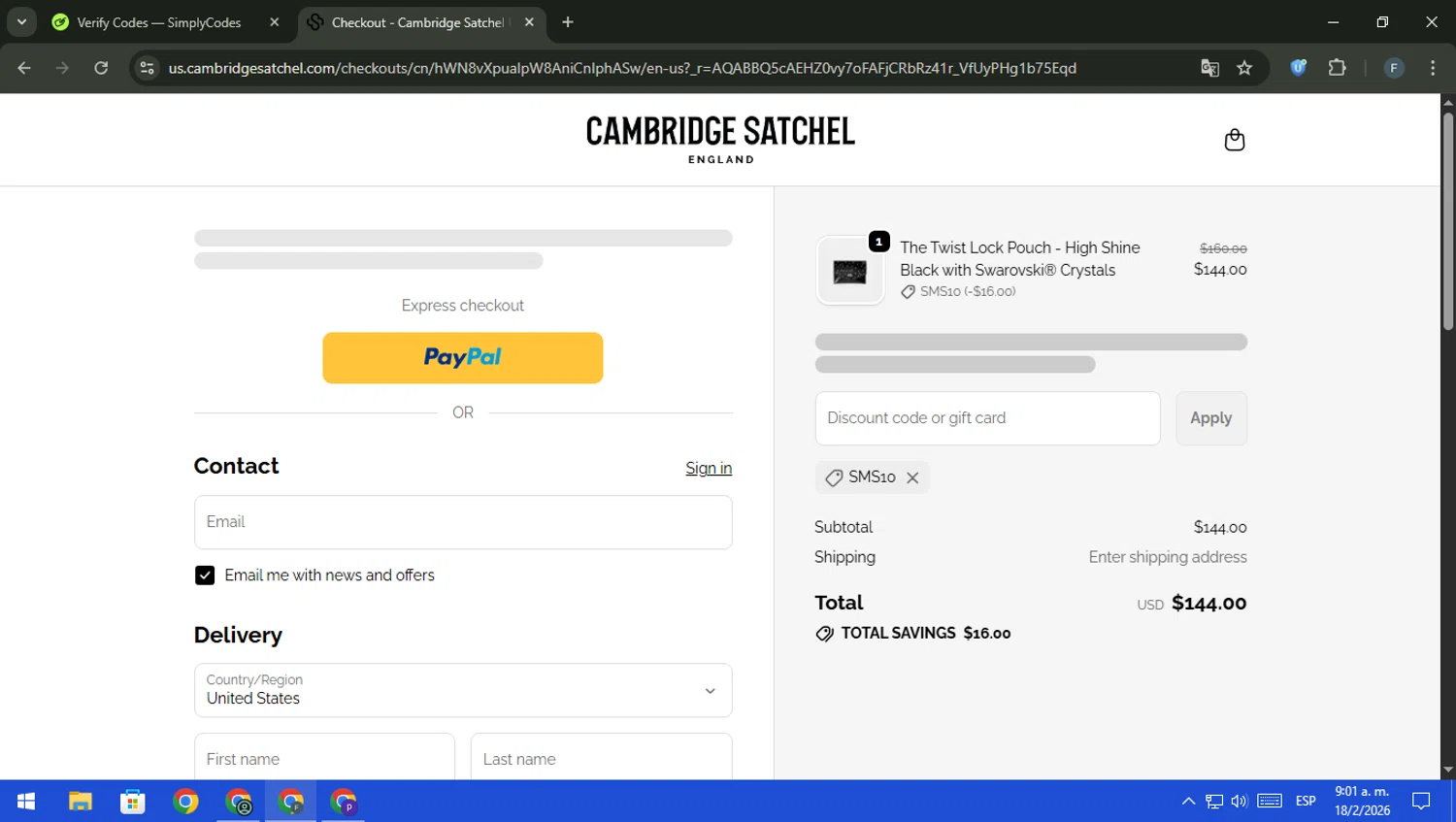 Cambridge Satchel UK checkout page showing Cambridge Satchel UK promo code box | Screenshot taken by SimplyCodes community member on Feb 18, 2026