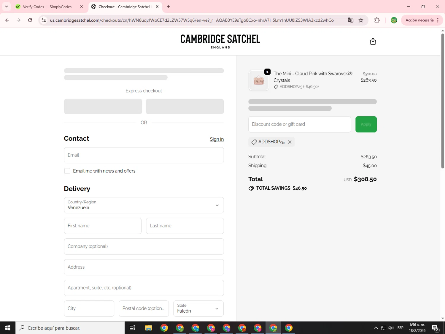 Cambridge Satchel UK promo code screenshot showing code ADDSHOP25 applied at Cambridge Satchel UK checkout page. Uploaded by SimplyCodes community member SwiftChaser6655 on Feb 18, 2026