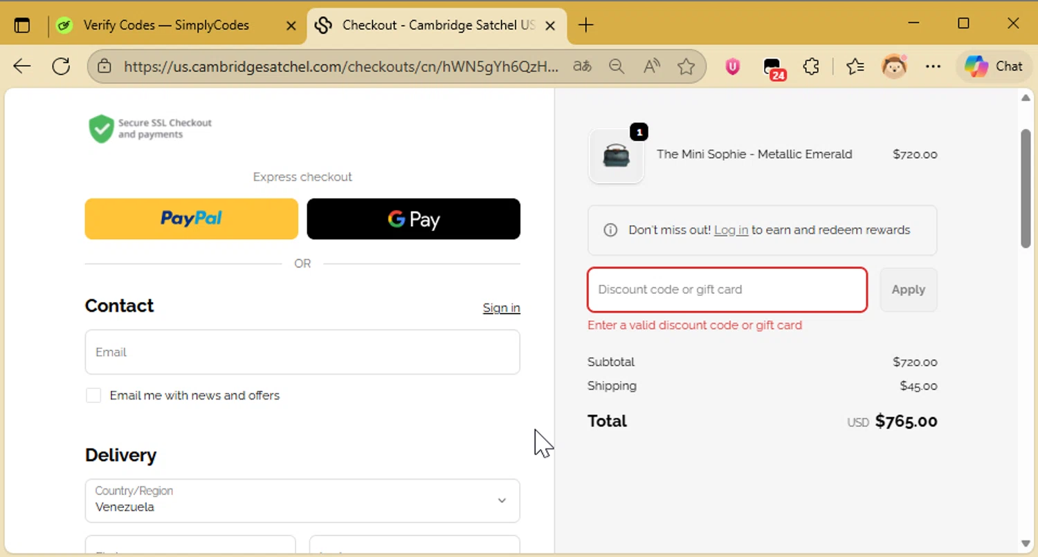 Cambridge Satchel UK promo code screenshot showing code DM15W30 applied at Cambridge Satchel UK checkout page. Uploaded by SimplyCodes community member CleverAce742 on Nov 25, 2025