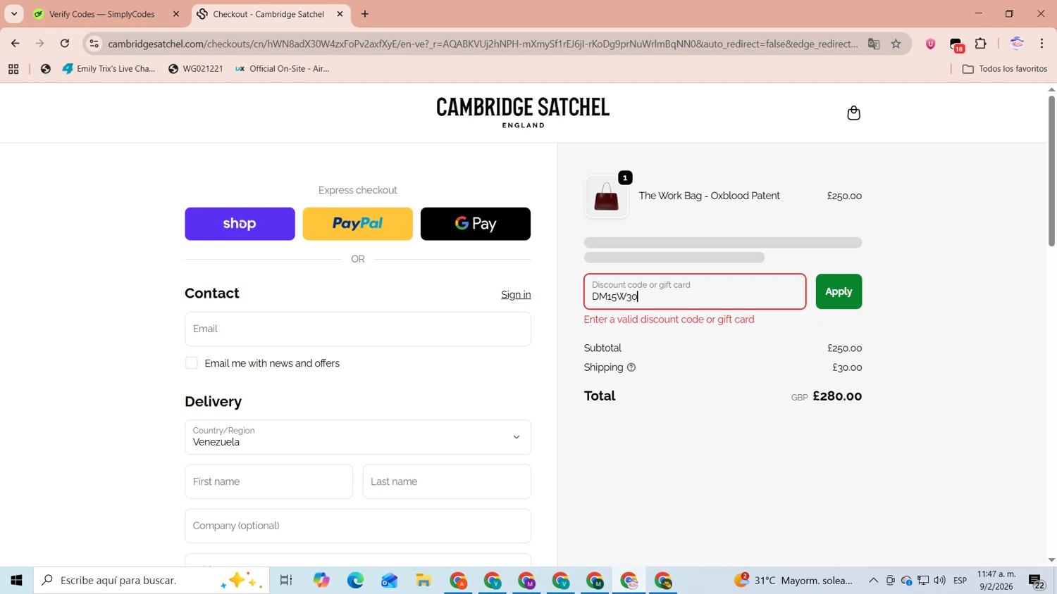 Cambridge Satchel UK promo code screenshot showing code DM15W30 applied at Cambridge Satchel UK checkout page. Uploaded by SimplyCodes community member CoinLegend1707 on Feb 9, 2026