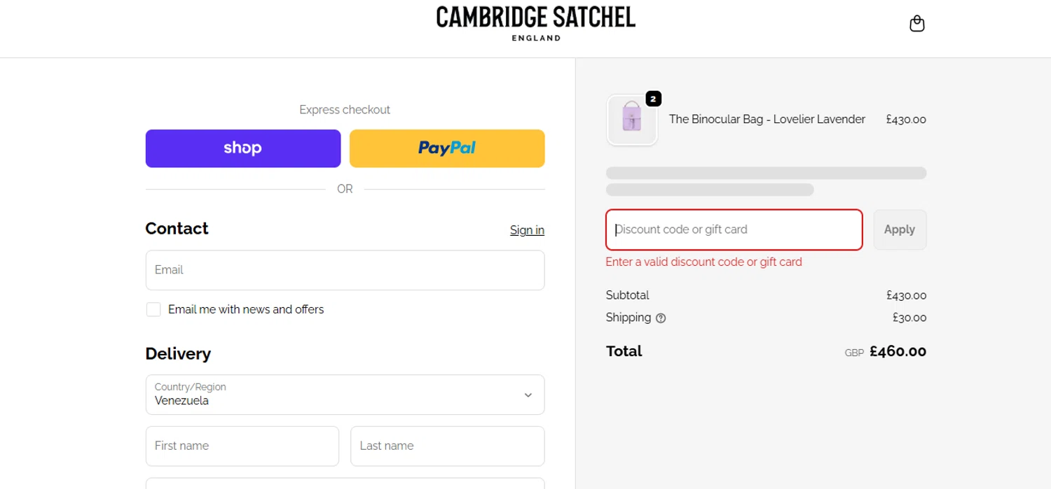 Cambridge Satchel UK promo code screenshot showing code VC15W20 applied at Cambridge Satchel UK checkout page. Uploaded by SimplyCodes community member Ester_0044 on Dec 17, 2025