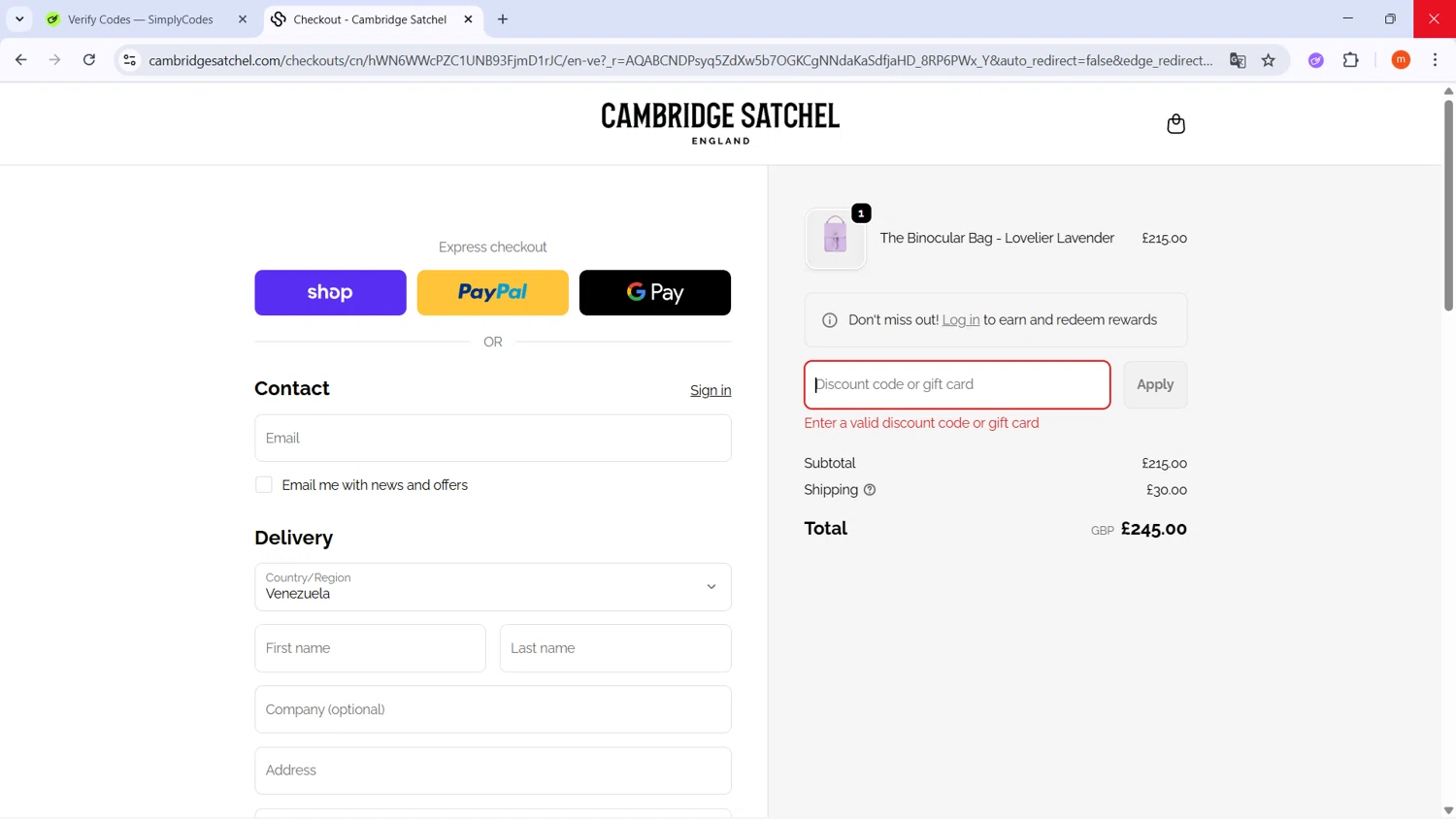 Cambridge Satchel UK promo code screenshot showing code VC15W20 applied at Cambridge Satchel UK checkout page. Uploaded by SimplyCodes community member PromoMonarch895 on Dec 17, 2025