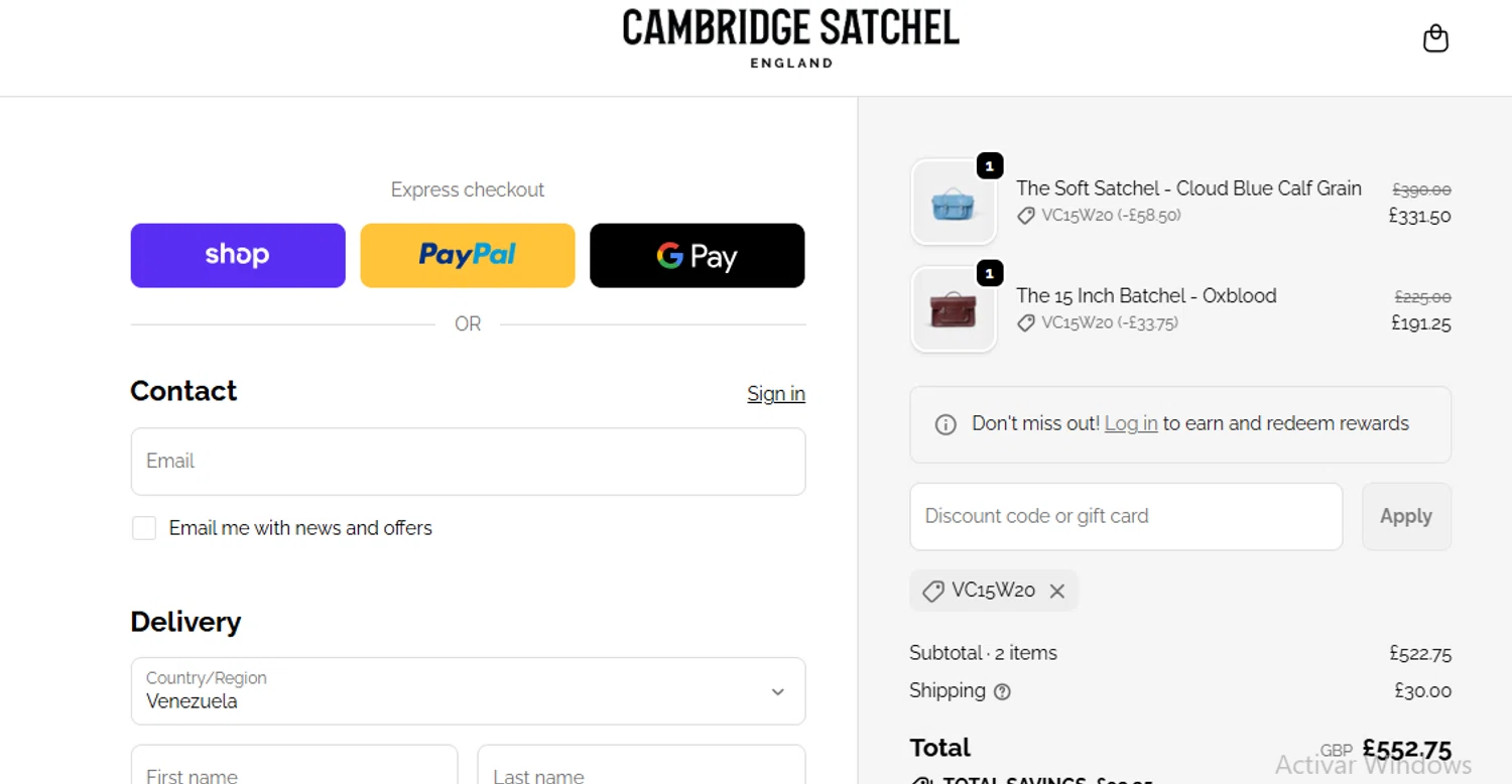 Cambridge Satchel UK promo code screenshot showing code VC15W20 applied at Cambridge Satchel UK checkout page. Uploaded by SimplyCodes community member javierprez on Dec 14, 2025