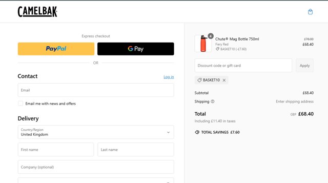 Camelbak checkout page showing Camelbak promo code box | Screenshot taken by SimplyCodes community member on Feb 21, 2025
