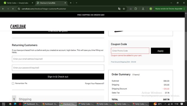 Camelbak checkout page showing Camelbak promo code box | Screenshot taken by SimplyCodes community member on Mar 7, 2025