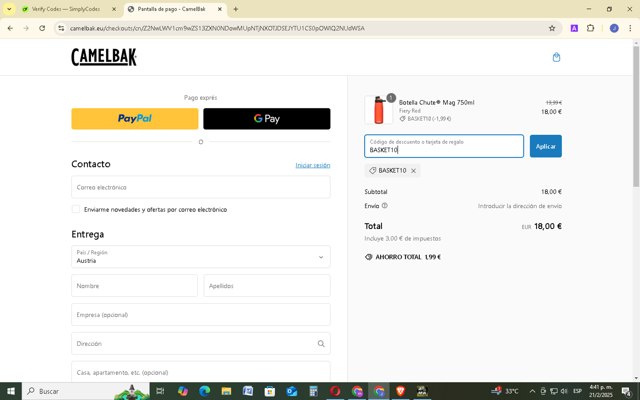 Camelbak checkout page showing Camelbak promo code box | Screenshot taken by SimplyCodes community member on Feb 21, 2025