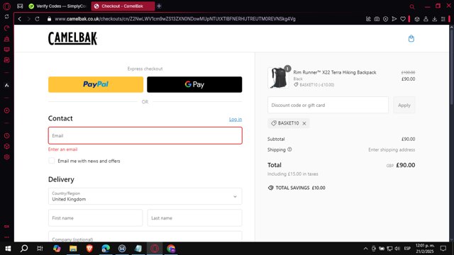 Camelbak checkout page showing Camelbak promo code box | Screenshot taken by SimplyCodes community member on Feb 21, 2025