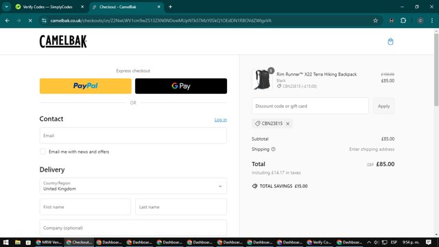 Camelbak checkout page showing Camelbak promo code box | Screenshot taken by SimplyCodes community member on Feb 22, 2025
