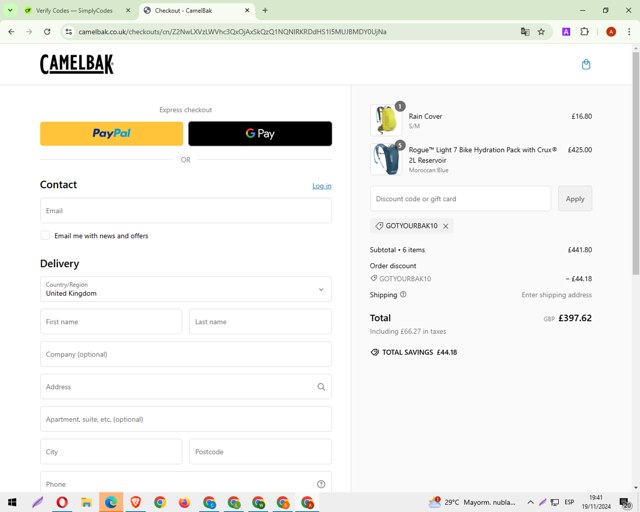 Camelbak checkout page showing Camelbak promo code box | Screenshot taken by SimplyCodes community member on Nov 19, 2024