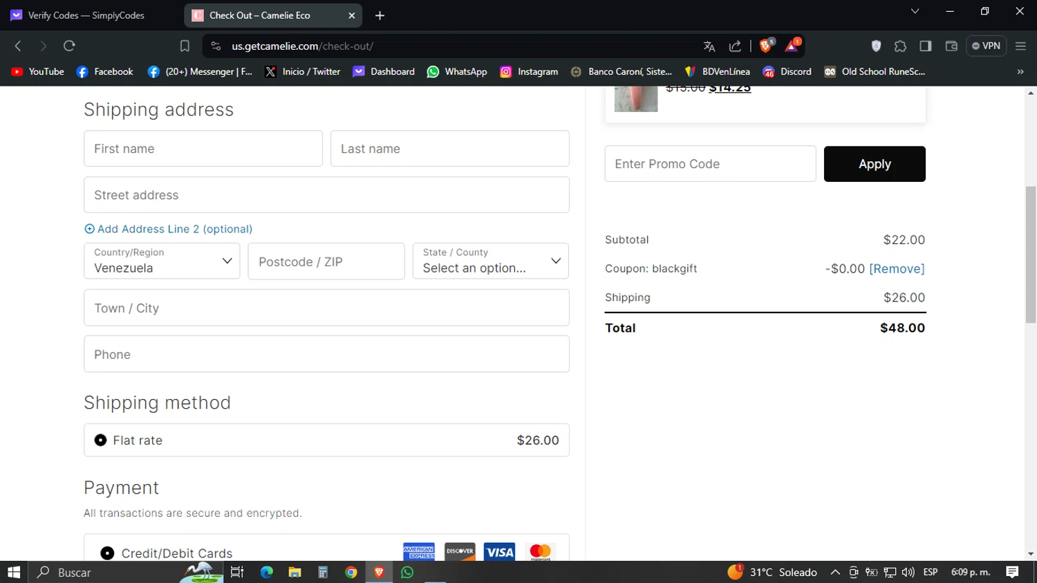 Camelie Eco checkout page showing Camelie Eco promo code box | Screenshot taken by SimplyCodes community member on Mar 31, 2024