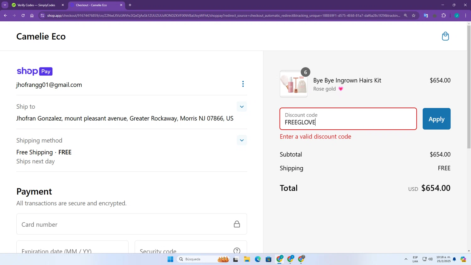 Camelie Eco promo code screenshot showing code FREEGLOVE applied at Camelie Eco checkout page. Uploaded by SimplyCodes community member JhofranGG on Feb 25, 2025