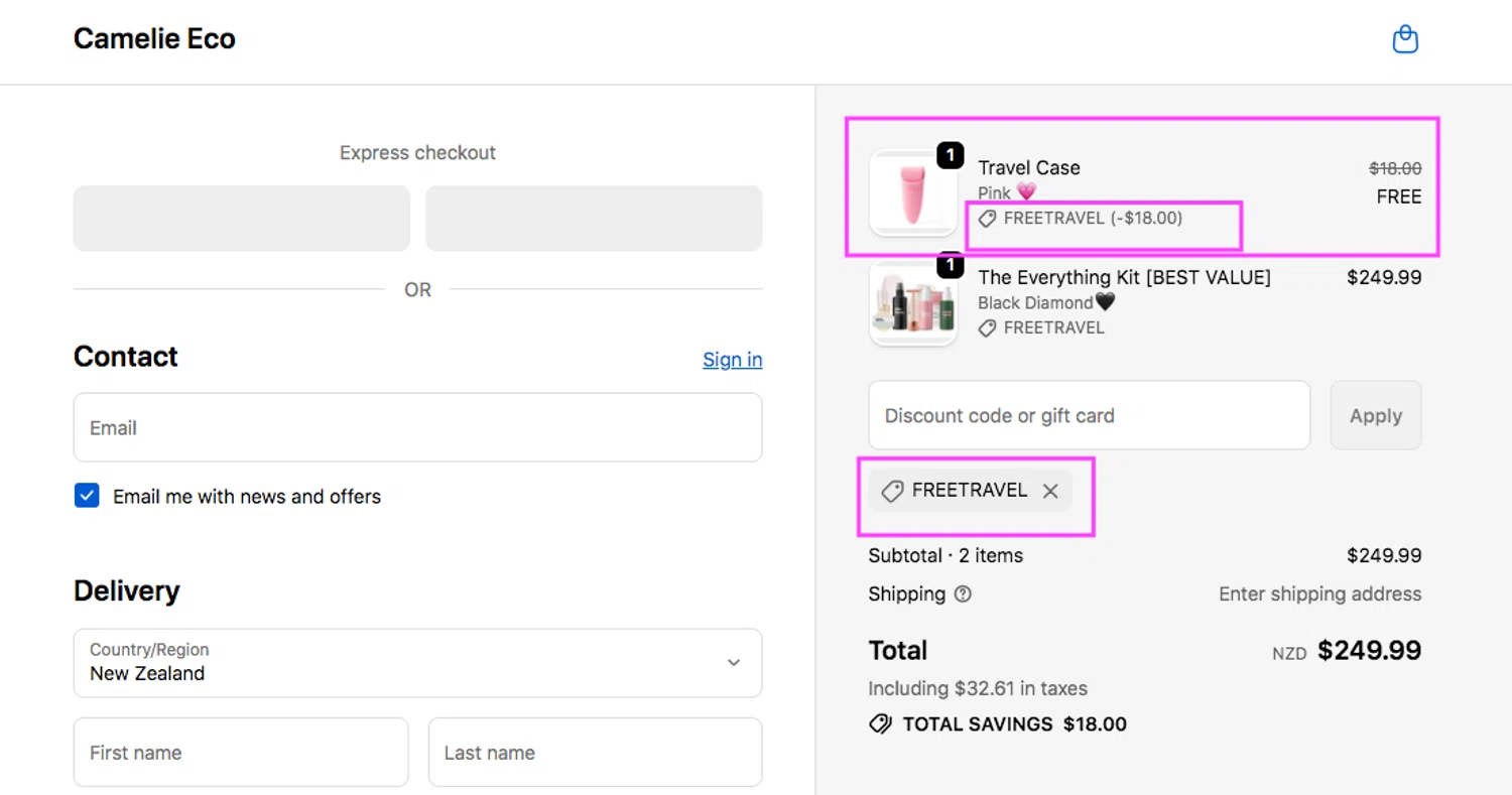 Camelie Eco promo code screenshot showing code FREETRAVEL applied at Camelie Eco checkout page. Uploaded by SimplyCodes community member AlejandraSarmiento on Nov 27, 2025