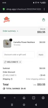 WELCOME15 coupon verification screenshot