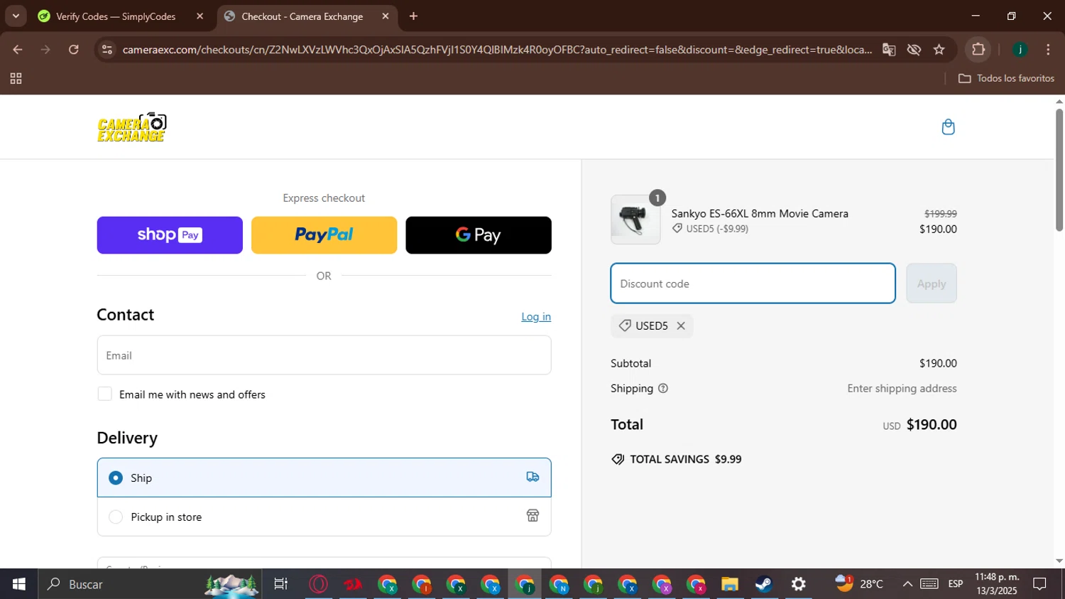 Camera Exchange discount code screenshot showing code USED5 applied at Camera Exchange checkout page. Uploaded by SimplyCodes community member BargainHunter8488 on Mar 14, 2025