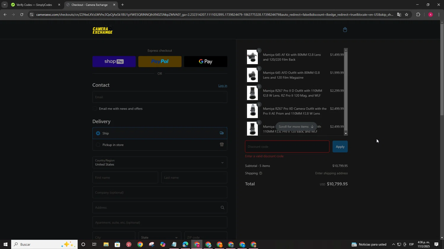 Camera Exchange discount code screenshot showing code MAMIYA applied at Camera Exchange checkout page. Uploaded by SimplyCodes community member CoinPhoenix8688 on Feb 17, 2025