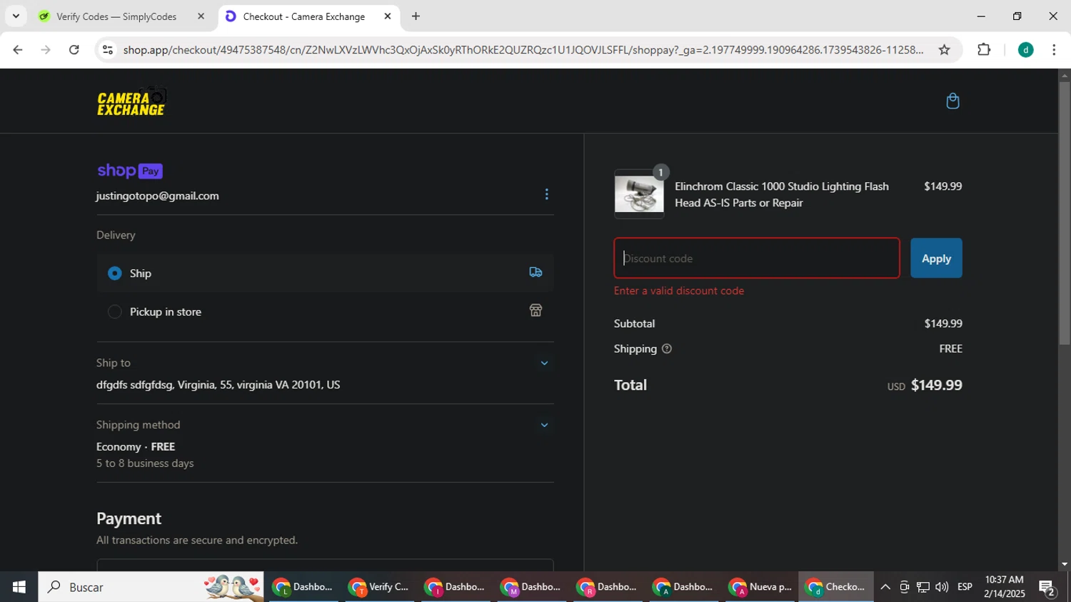 Camera Exchange discount code screenshot showing code LIGHTSAVER applied at Camera Exchange checkout page. Uploaded by SimplyCodes community member HEROESCUDA on Feb 14, 2025