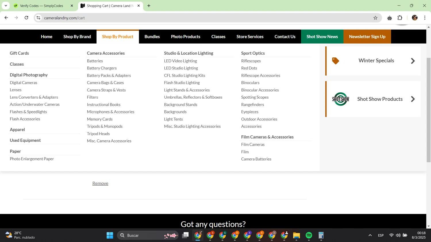 Camera Land NY promo code screenshot showing code SLIK21 applied at Camera Land NY checkout page. Uploaded by SimplyCodes community member alfredish on Mar 8, 2025